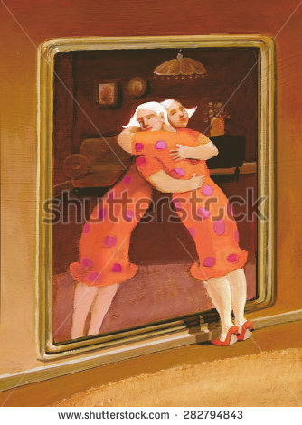 woman-embraces-her-image-in-the-mirror